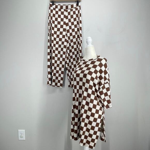 Lala Original Lex Ribbed Checkerboard Playsuit Womens Large Cookie Dough Brown - Picture 1 of 13